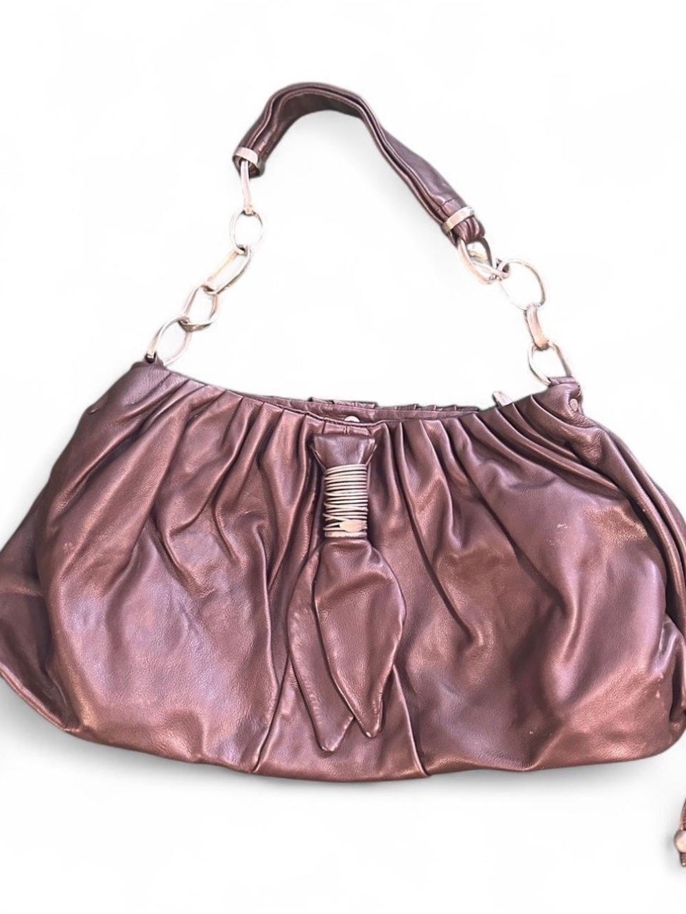 Brown leather shoulder bag with silver hardware #leatherbag#2010s